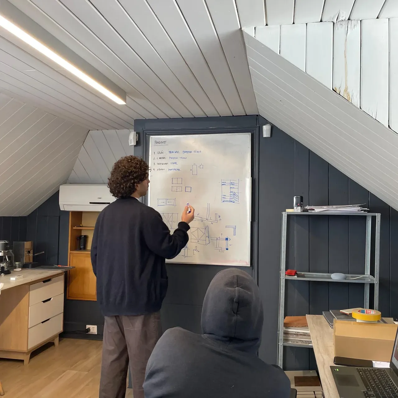 Hombre frente a una pizarra diagramando las actividades arquitectónicas a realizar en una reunión de consultoría