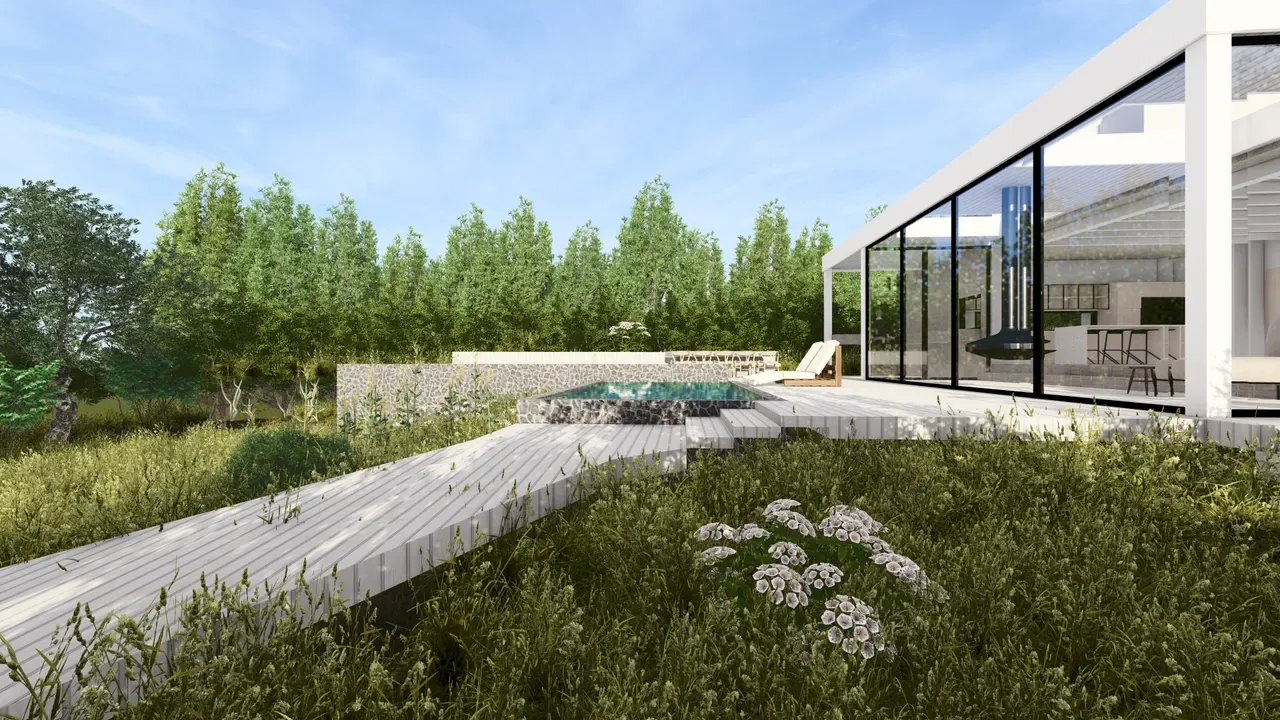 Vista exterior de la arquitectura moderna de Casa H14 en Costa Cachagua, con fachada acristalada, piscina y terraza de madera