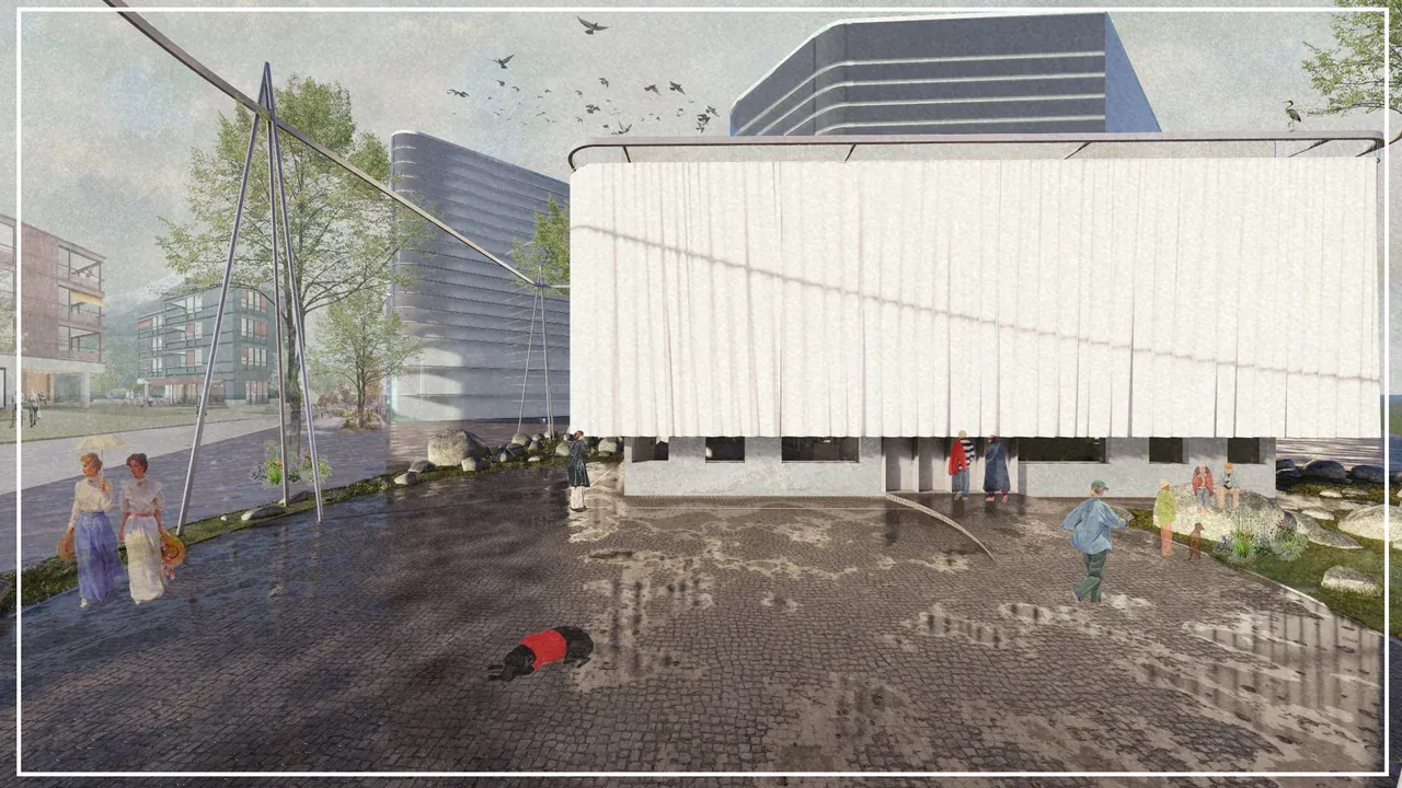 Collage arquitectónico exterior del Museo Villa San Luis a la luz del día. Se aprecia la base existente del edificio con un "velo" o cortina blanca sobre la fachada principal. El entorno presenta una plaza de adoquines mojados y árboles, simbolizando la integración del proyecto cultural con el espacio urbano de Las Condes.