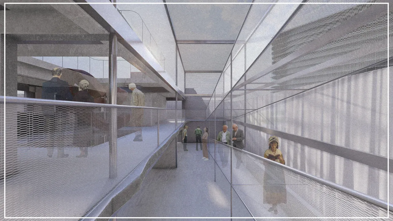 Collage arquitectónico exterior del Museo Villa San Luis, Las Condes. Muestra una edificación de hormigón gris con personas. Destaca un gran telón de malla o velo donde se proyecta una imagen histórica y una gran plaza de adoquines. Representación de la arquitectura como memoria colectiva en el paisaje urbano.