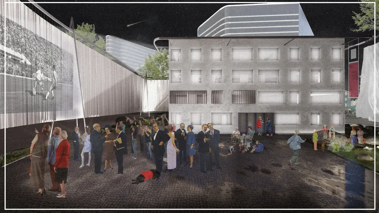 Collage arquitectónico exterior del Museo Villa San Luis, Las Condes. Muestra una edificación de hormigón gris con personas. Destaca un gran telón de malla o velo donde se proyecta una imagen histórica y una gran plaza de adoquines. Representación de la arquitectura como memoria colectiva en el paisaje urbano