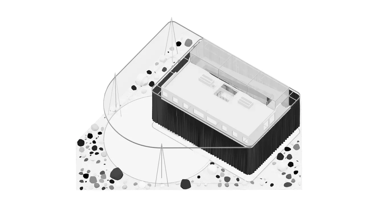 Diagrama conceptual isométrico del Museo Villa San Luis en Las Condes. Muestra una edificación existente envuelta en un "velo arquitectónico" de malla o cortina transparente. El diseño utiliza una base oscura y un entorno de guijarros, representando la revitalización de la memoria colectiva con una estructura de acero y ligereza.