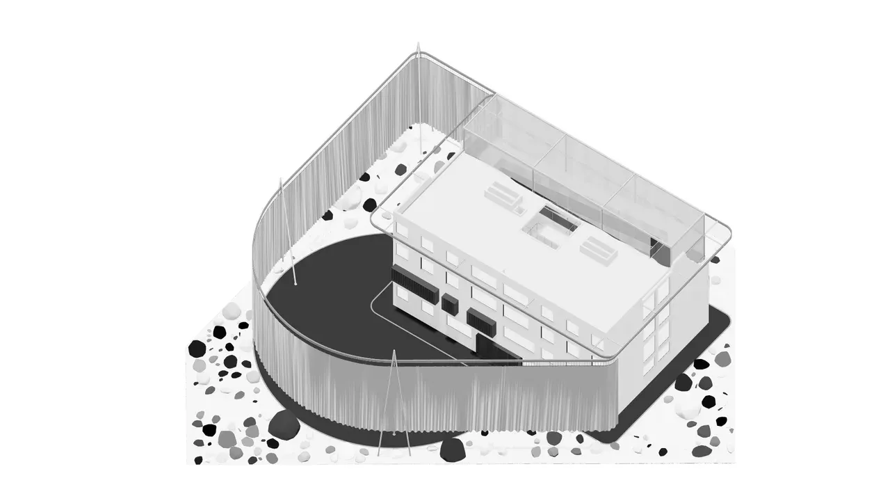 Diagrama conceptual isométrico del Museo Villa San Luis en Las Condes. Muestra una edificación existente envuelta en un "velo arquitectónico" de malla o cortina transparente. El diseño utiliza una base oscura y un entorno de guijarros, representando la revitalización de la memoria colectiva con una estructura de acero y ligereza.