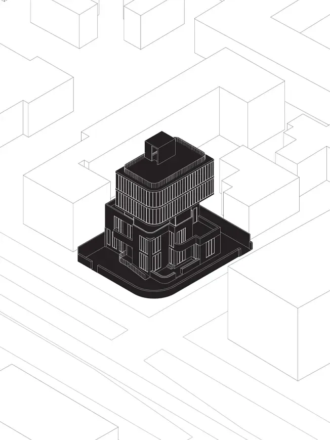 Diagrama axonométrico de la transformación de una antigua casa en oficinas, mostrando la ampliación moderna sobre la estructura original