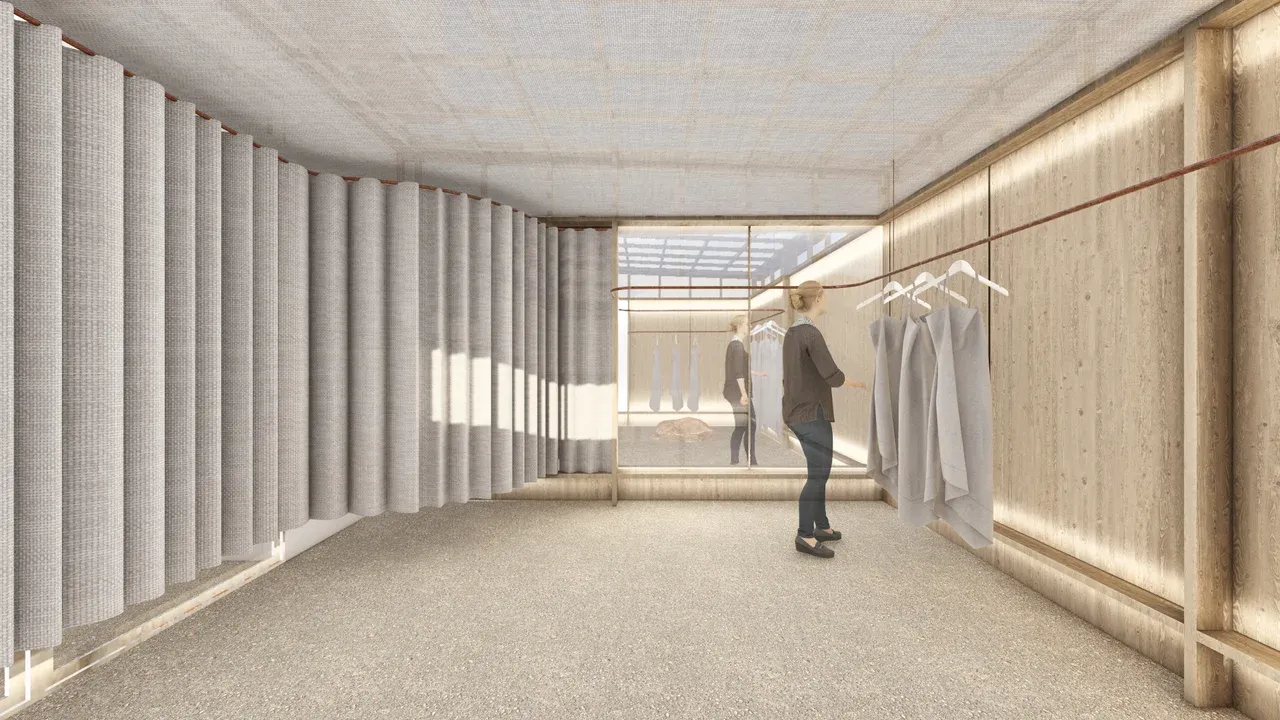 Render del interior de una tienda de ropa en Vitacura con exhibición minimalista, probador con cortinas y luz natural difusa