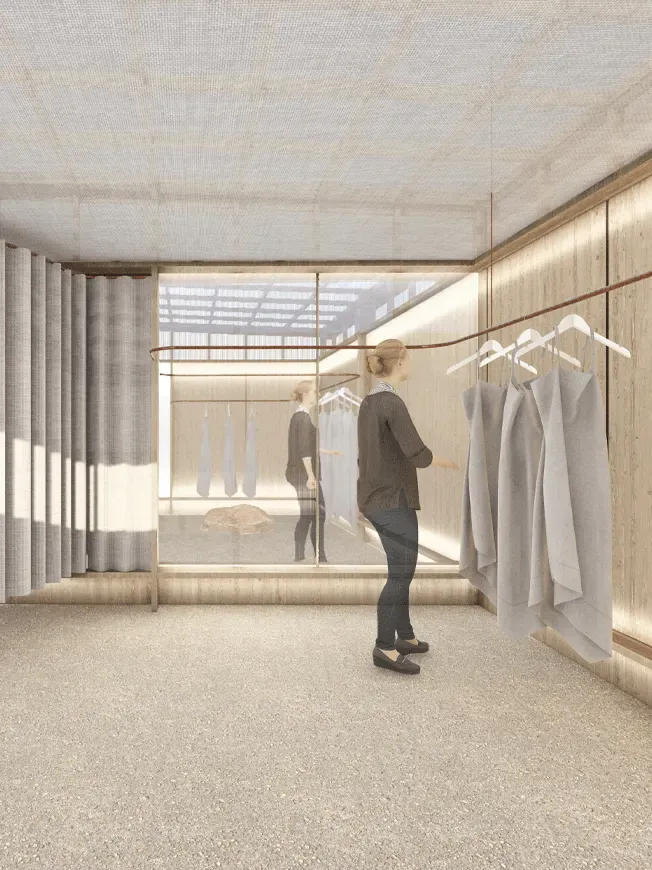 Render del interior de una tienda de ropa en Vitacura con exhibición minimalista, probador con cortinas y luz natural difusa