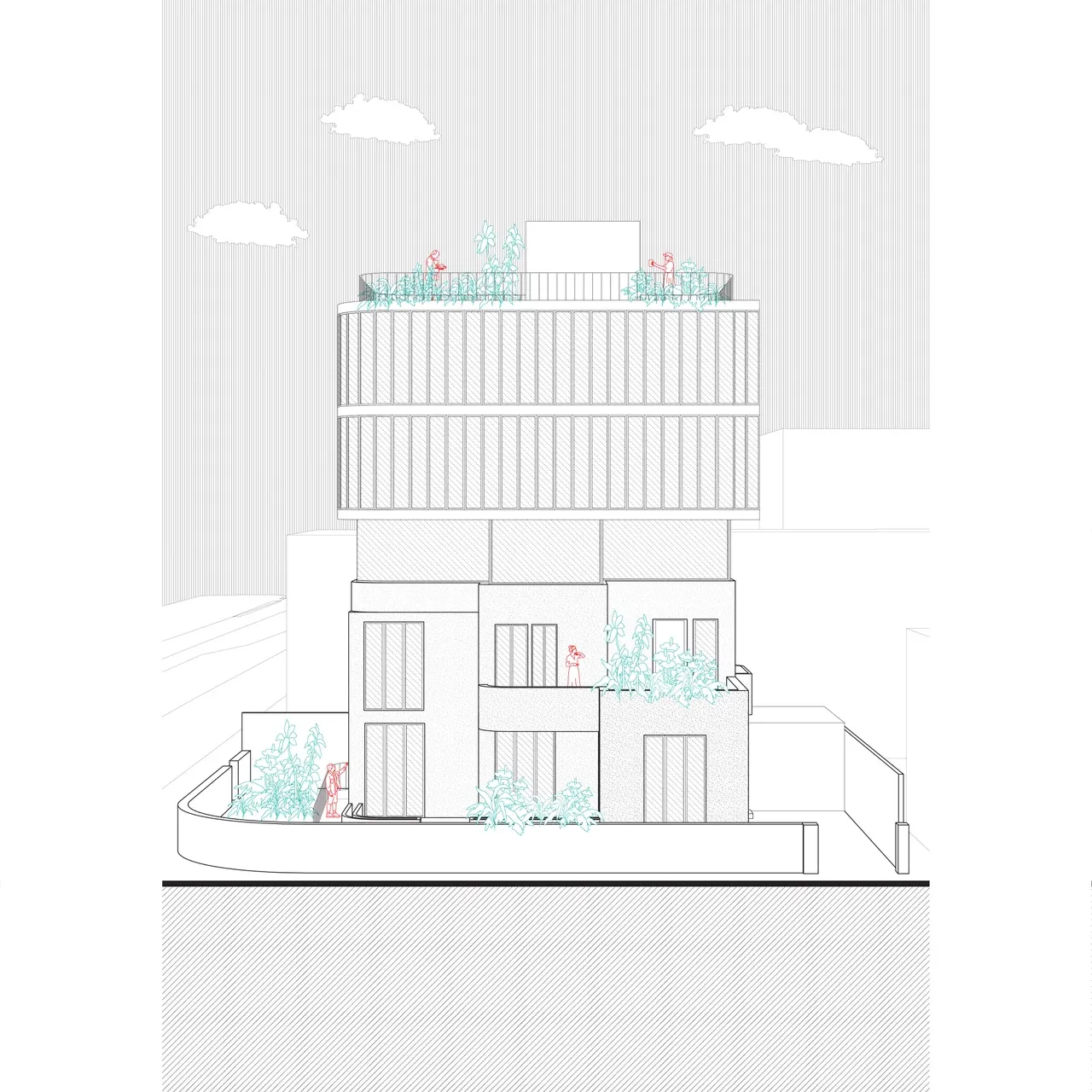 Elevación arquitectónica del proyecto Oficinas PDV en Providencia. El diagrama en blanco y negro con detalles en turquesa muestra la transformación de una casa en edificio de oficinas de cinco pisos. Se aprecia la integración de la base preexistente con una nueva ampliación contemporánea de fachada acristalada y terrazas verdes.