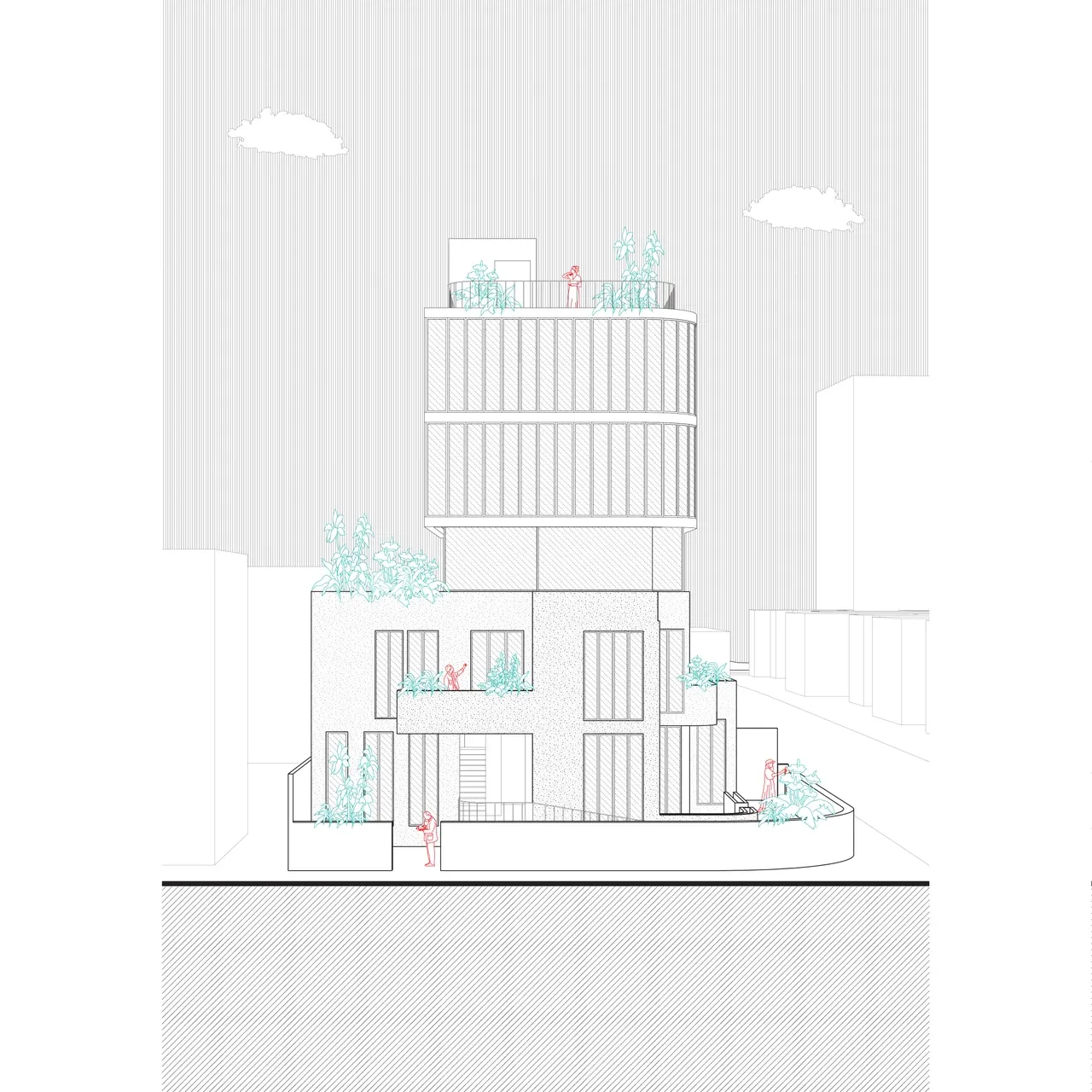 Elevación arquitectónica del proyecto Oficinas PDV en Providencia. El diagrama en blanco y negro con detalles en turquesa muestra la transformación de una casa en edificio de oficinas de cinco pisos. Se aprecia la integración de la base preexistente con una nueva ampliación contemporánea de fachada acristalada y terrazas verdes.