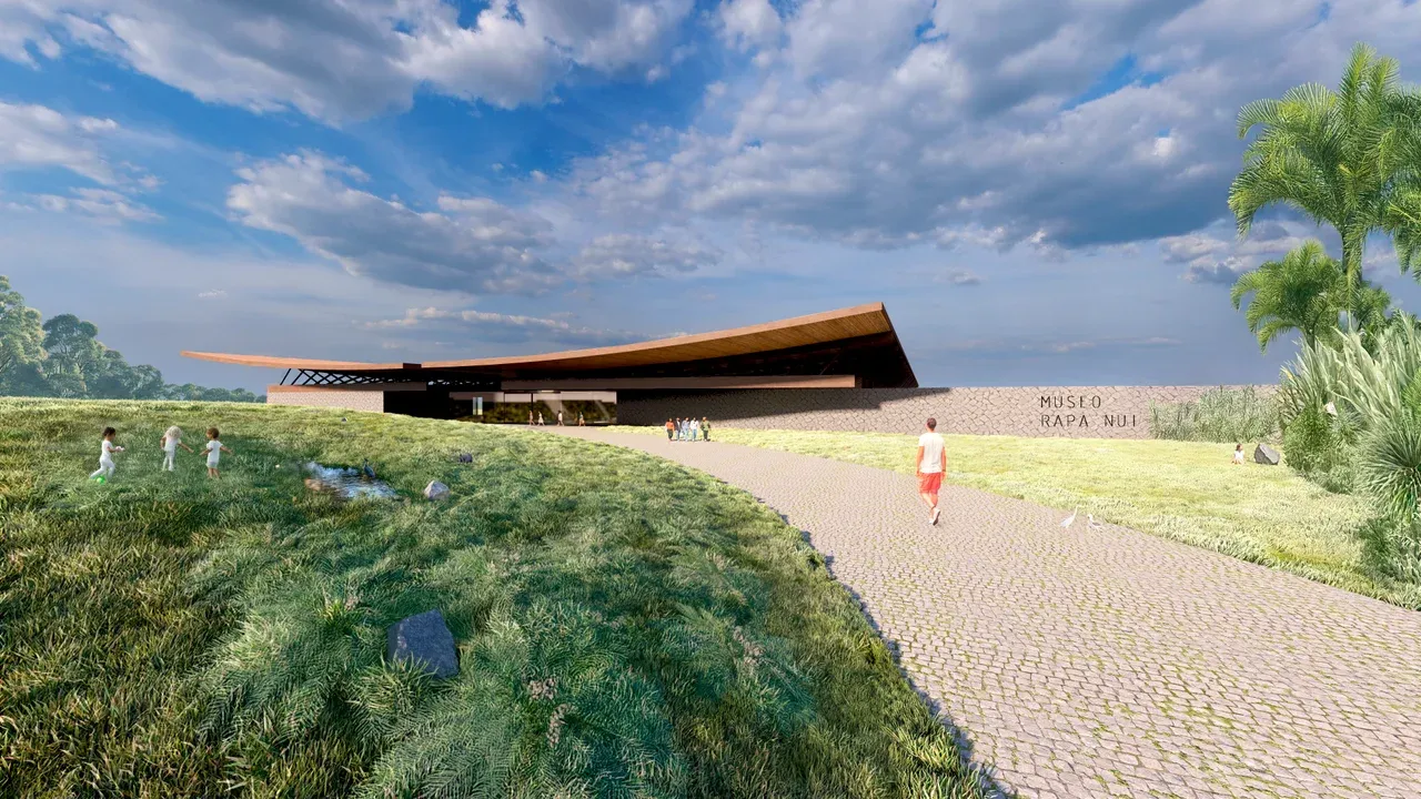 Render de la fachada del Museo Rapa Nui con un gran techo curvo terracota y base cubierta de piedra en un paisaje natural