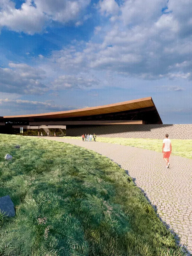 Render de la fachada del Museo Rapa Nui con un gran techo curvo terracota y base cubierta de piedra en un paisaje natural