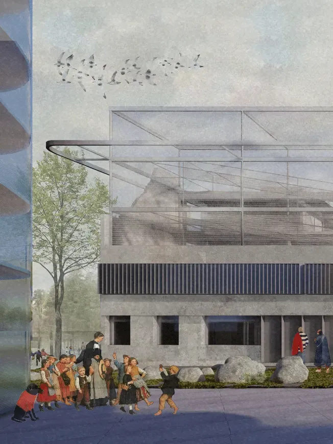 Collage del diseño del Museo Villa San Luis, mostrando una estructura de hormigón y malla en un entorno urbano con figuras históricas