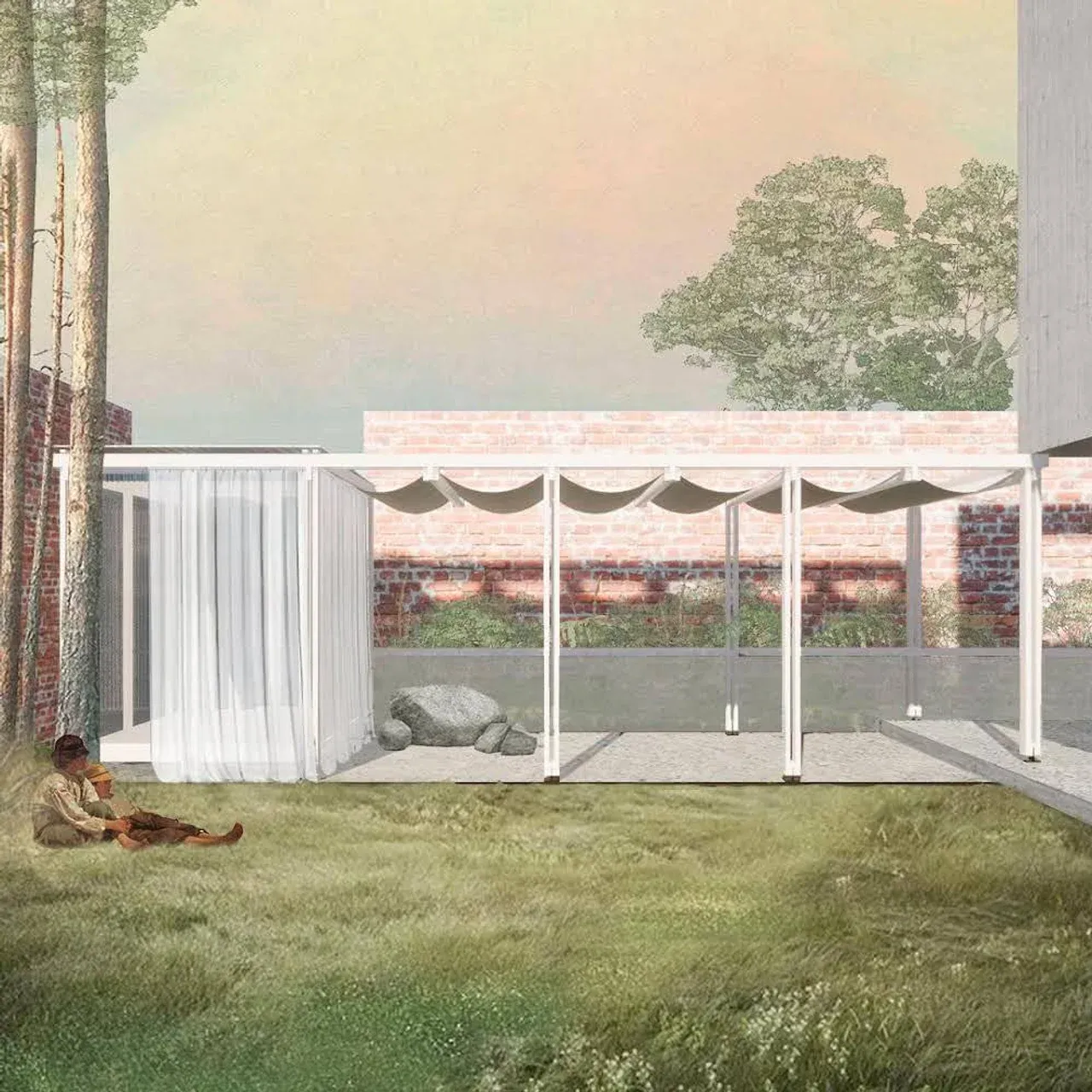 Render de la fachada de un espacio polivalente moderno con grandes cortinas blancas que velan el interior, en un entorno de bosque