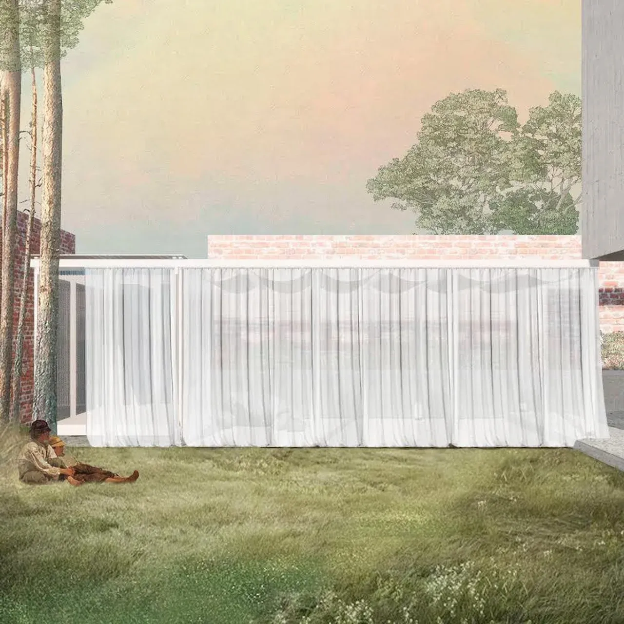 Render de la fachada de un espacio polivalente moderno con grandes cortinas blancas que velan el interior, en un entorno de bosque