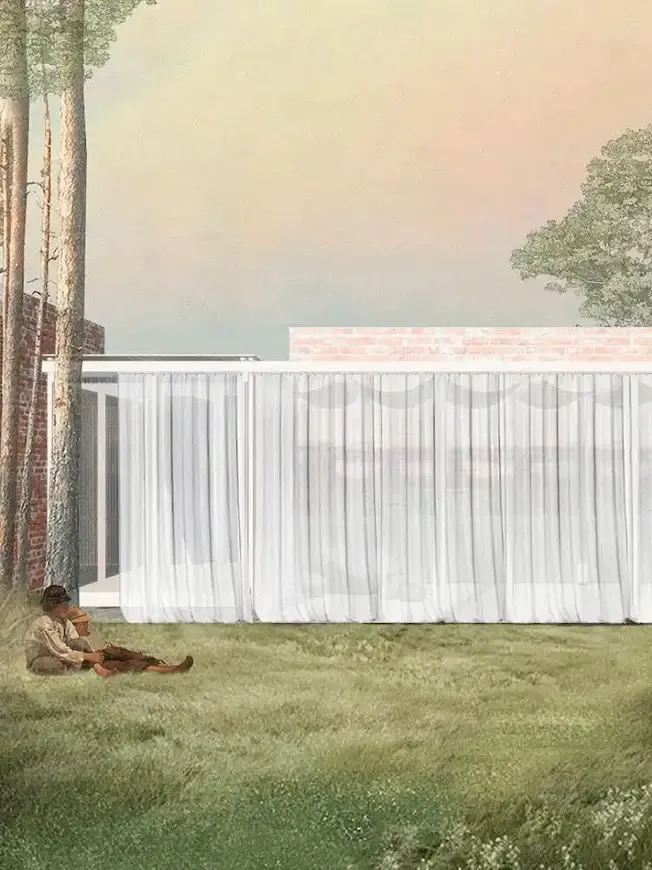 Render de la fachada de un espacio polivalente moderno con grandes cortinas blancas que velan el interior, en un entorno de bosque