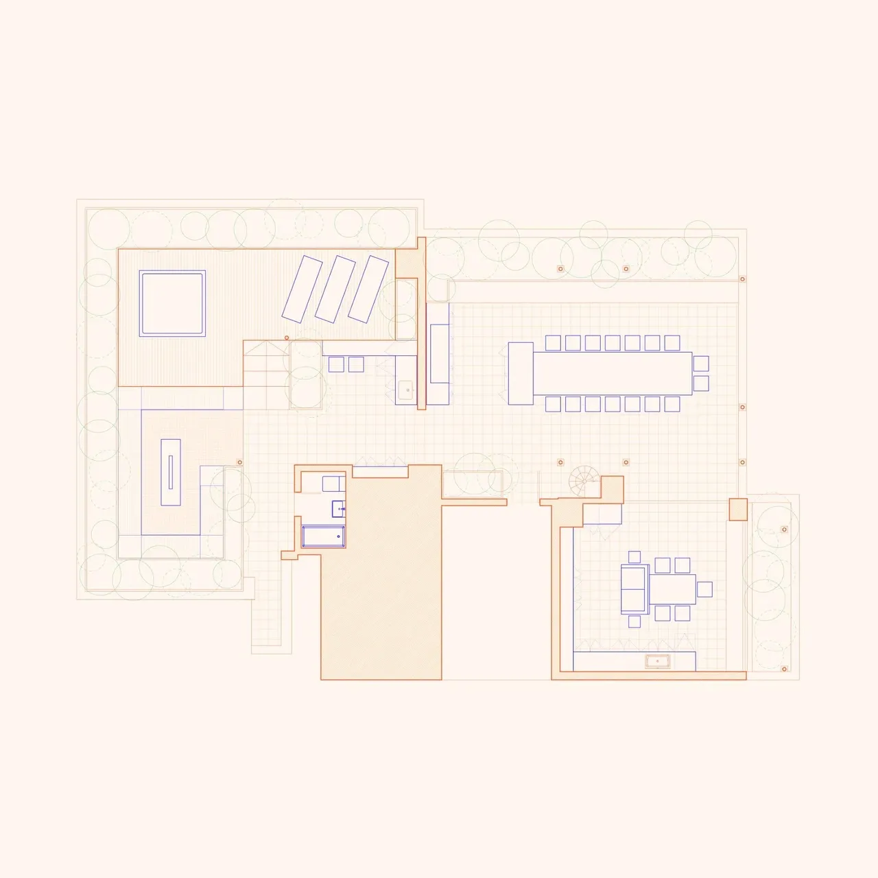 Plano de planta arquitectónico esquemático que muestra la distribución de un área de terraza y jardín. Incluye una piscina o jacuzzi, zona de tumbonas, un gran comedor exterior para doce personas y un área de estar con una mesa más pequeña. Las líneas de diseño son finas, en tonos azul, naranja y melocotón