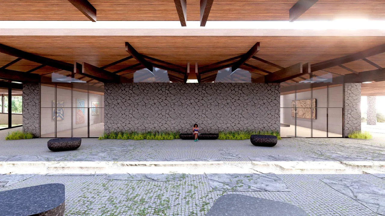 Render del acceso al Museo Rapa Nui. El diseño presenta un gran muro de piedra rústica volcánica, flanqueado por ventanales y enmarcado por una cubierta de madera expuesta, inspirada en las canoas polinésicas. El pavimento exterior es de piedra irregular con vegetación, integrando la arquitectura al paisaje de Rapa Nui