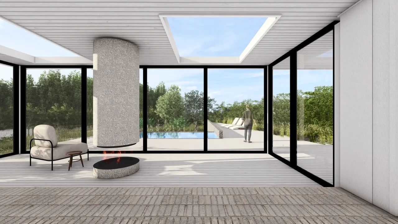 Render 3D de un espacio interior moderno con techo y piso de listones de madera blanca. Ventanales de piso a techo que ofrecen vistas a una piscina exterior y vegetación. Cuenta con una chimenea central de bioetanol y una columna curva de acabado de guijarros gris, además de una silla de diseño minimalista