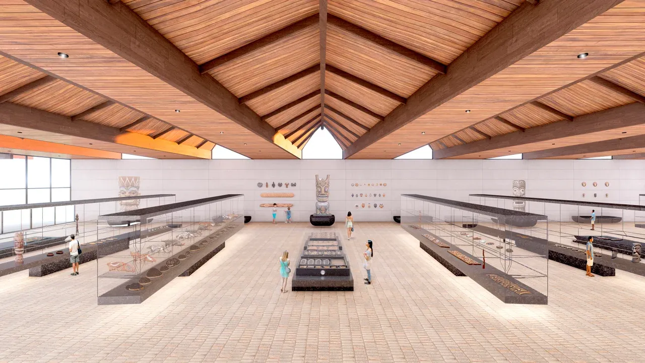Render del interior del Museo Rapa Nui. La gran sala de exhibición presenta un imponente techo a dos aguas con estructura de madera expuesta, inspirada en canoas polinésicas. El espacio muestra largas vitrinas de vidrio con artefactos arqueológicos y un suelo de piedra clara. Diseño arquitectónico cultural en Rapa Nui