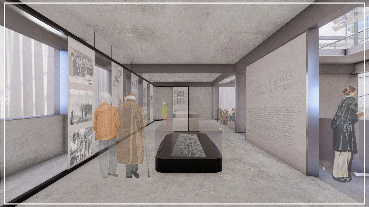 Render interior del Museo Villa San Luis, Las Condes. El espacio minimalista de concreto gris muestra exposiciones sobre la 'Memoria Colectiva'. Se aprecian vitrinas horizontales oscuras y paneles de vidrio con impresiones fotográficas e históricas, y figuras humanas observando las muestras, destacando la narrativa histórica y social.