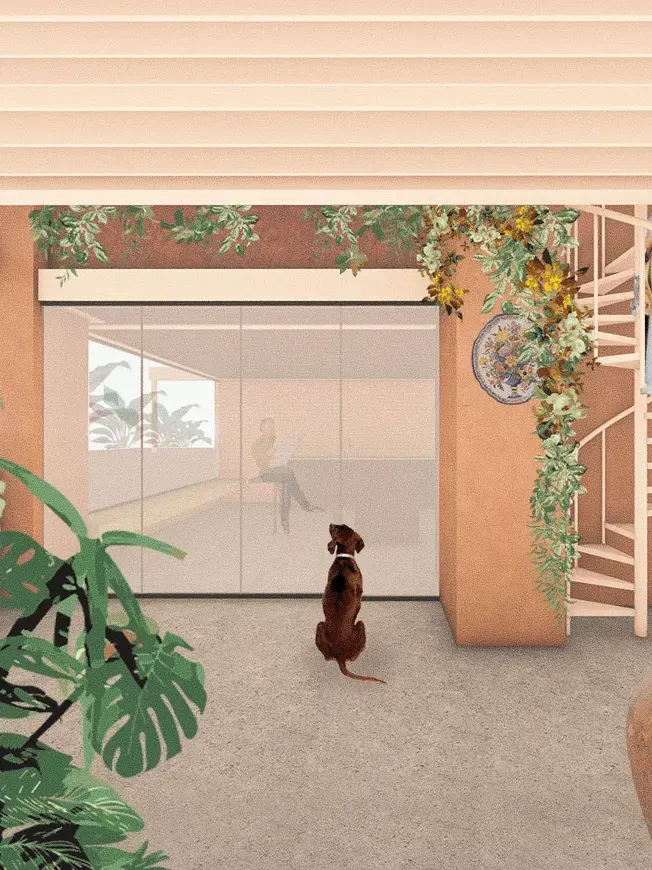 Render de azotea con diseño color terracota y perro en la terraza, vista hacia el interior acristalado