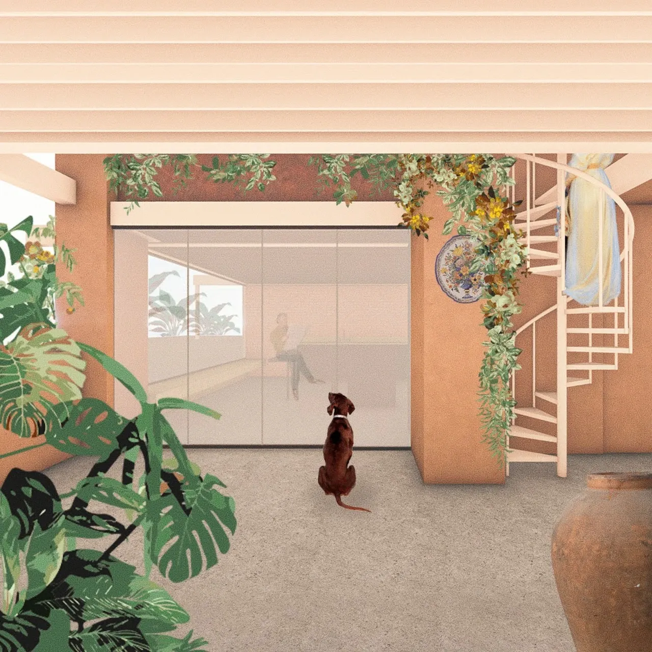 Render de azotea con diseño color terracota y perro en la terraza, vista hacia el interior acristalado