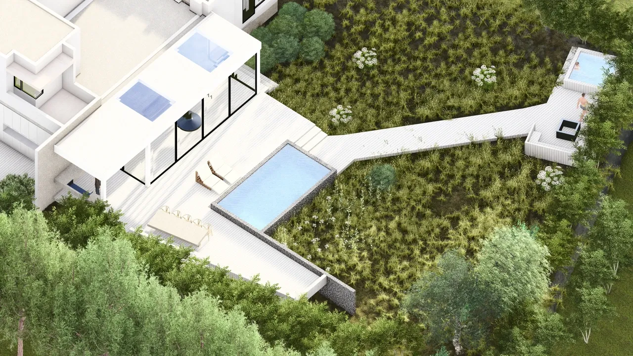 Render arquitectónico a vista aérea de una villa moderna y minimalista con fachada blanca. El exterior presenta un gran deck de madera clara, piscina rectangular y una pasarela que conecta a una zona de jacuzzi independiente, integrado en un paisaje natural y arbolado